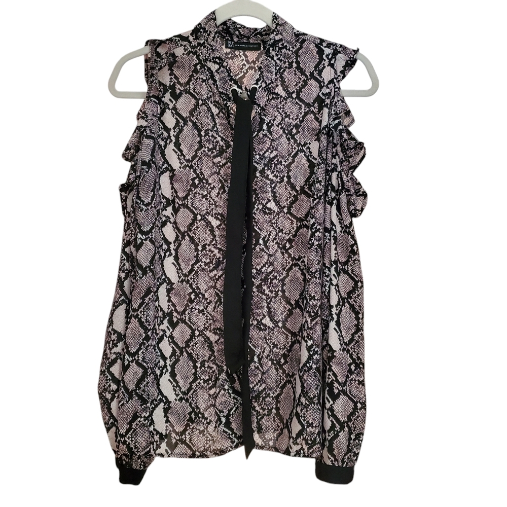 Snakeskin Ruffle Cold Shoulder Longsleeve Blouse Secretary Bow Medium